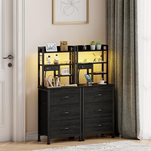 Furnulem Black Nightstands Set of 2, Tall Night Stand with Charger Station - Image 2