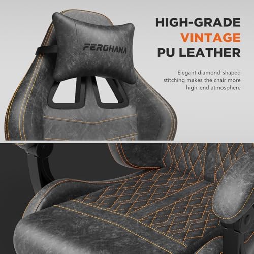 Ferghana Vintage PU Leather Gaming Chair, Ergonomic Gamer Chair with Massage, High Back Computer Office Chair with Footrest for Adults, Racing Style Reclining Video Game Chair (Grey) - Image 4