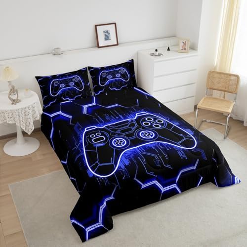 Feelyou Kids Blue Gamer Comforter Set Toddler Size, Honeycomb Gaming Comforter Boys Girls Modern Game Console Bedding Set Game Teens Duvet Set Bedroom Decor with 1 Pillow Case - Image 4