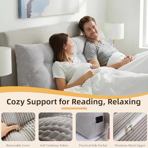 Wedge Reading Pillow Headboard Queen Size, Headboard Bolster Pillow for Bed, Triangular Backrest Cushion with Removable Corduroy Cover, LightGrey - Image 4