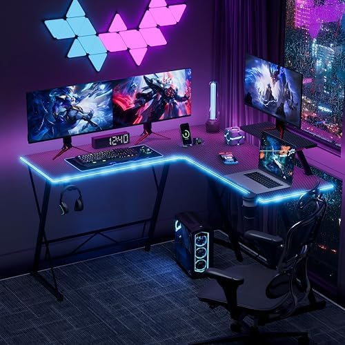 Mr IRONSTONE Gaming Desk with LED Lights, L Shaped Desk Corner with Cup Holder & Headphone Hook, Computer Desk Home Office Desks with Large Monitor Stand, Carbon Fiber Surface, Black 51 Inch - Image 2