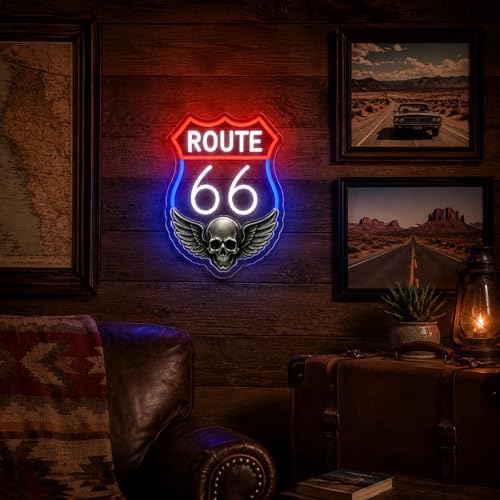 Route 66 Neon Sign Vintage LED Wall Decor Skull Wings Garage Man Cave Light - Image 2