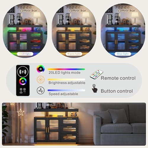 HWB Coffee Bar Cabinet with RGB Light & Charging Station, Black - Image 3