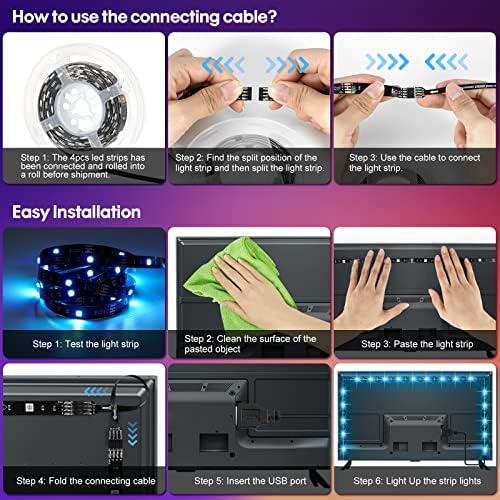 USB LED Strip Lights Kit, 4 Pre-Cut 1.64ft/6.56ft RGB with Remote - Image 4