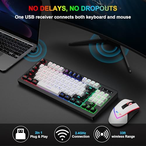 BlueFinger Wireless Gaming Keyboard and Mouse Combo, RGB Rainbow Backlit Rechargeable Battery, 87 Keys TKL Light Up Keyboard with Ergonomic Gaming Mouse for Mac Laptop Computer PC Gamer(Black & White) - Image 4