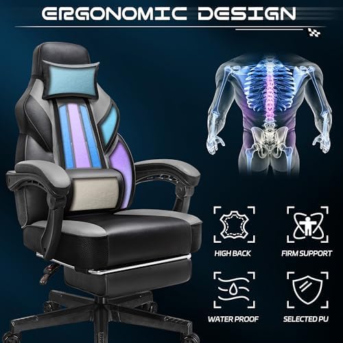 Gaming Chair for Adults, Grey Video Game Chair with Footrest, Big and Tall Gaming Chair Heavy Duty Computer Chair with Massage Lumbar, Ergonomic Adjustable Height and 360° Swivel, PU Leather, Grey - Image 5