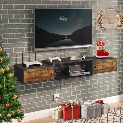 HOOBRO 55" Floating TV Stand with Power Outlet, Modern Wall Mounted Media Console Shelf Cabinet for Under TV Storage, Entertainment Center, Living Room, Bedroom, Rustic Brown and Black BF11DS01 by HOOBRO