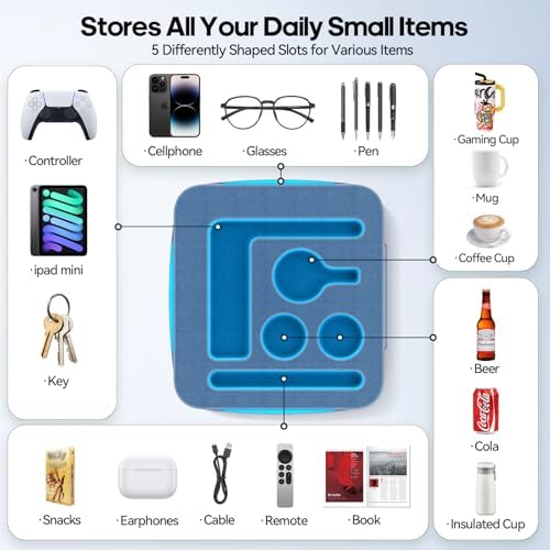 Couch Cup Holder Tray, Couch Caddy for Drink, Snack, Phone, Remote, Ipad, Game Controller, Large-size Sofa Cup Holder for Bed, Sofa, Car, Desk, Blue - Image 2