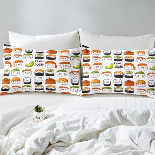 Erosebridal Sushi Bed Sheets Full, Cartoon Sea Animal Sheet Set for Kids Boys Girls, Cute Sushi Pattern Bedding Set, Japanese Style Kawaii Bed Sheets, 1 Flat Sheet, 1 Fitted Sheet, 2 Pillowcases - Image 5