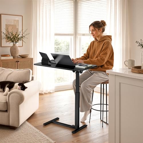 Mobile Standing Desk Adjustable Overbed Table, Pneumatic Height Adjustable Rolling Laptop Desk with Hidden Wheels, 0-180°Tilt Top Rolling Computer Cart Foldable for Home Office, Craft & Study, Black - Image 7