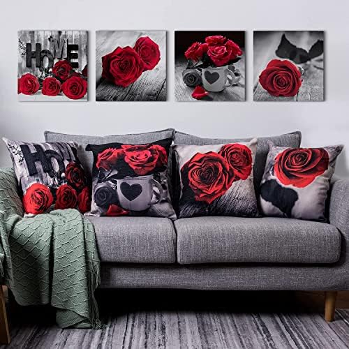 Red Christmas Pillow Covers for Couch Living Room Decor 20x20" Set of 4, Cotton Linen Square Rose Floral Throw Pillow Cover Black Gray Flower Decorative Cushion Case Sofa Bed Bedroom Home Decorations - Image 5