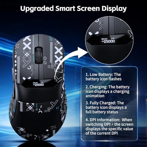 MAGIC-REFINER R1 Wireless Gaming Mouse with RGB Charging Dock,65g Ultra Lightweight,PixArt PAW 3311 Optical Sensor DPI 24K,LCD Display & Smart Sleep,Tape,Programmable Mice for Mac PC Gamer (Black) - Image 5