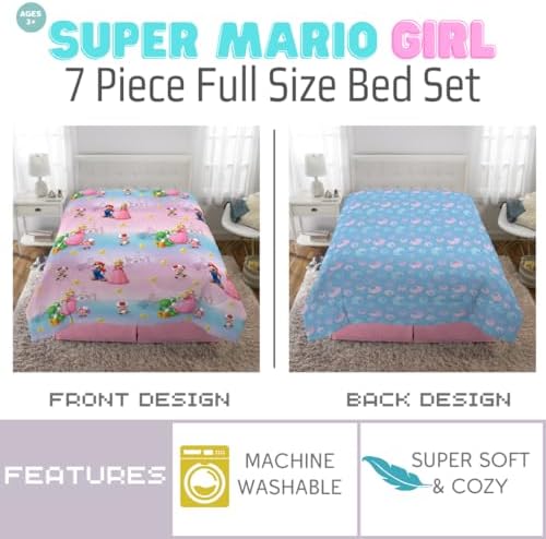 Super Mario Girl Princess Peach Girl Gamer Kids Bedding Super Soft & Cozy Reversible Microfiber Comforter and Sheet Set with Sham, 7 Piece Full Size, (Officially Licensed Product) By Franco - Image 3