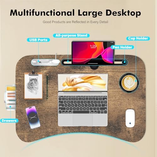 Lap Desk for Bed Adjustable Height, Foldable Bed Table with Storage Drawer, Tablet Slot & Cup Holder, Portable Laptop Stand for Bed & Sofa, Bed Desk for Adults & Kids, Carbonized - Image 5