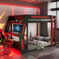 Merax Full Over Full Gaming Bunk Bed Frame with Side-Mounted Oversized Desk, USB Charging Ports & Cable Grommet & Light, Cool Design Heavy-Duty Esports Loft Bed Frame, Red by Merax