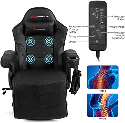 Goplus Massage Gaming Chair, Racing Style Gaming Recliner w/Adjustable Backrest and Footrest, Ergonomic High Back PU Leather Computer Office Chair Swivel Game Chair w/Cup Holder and Side Pouch - Image 5