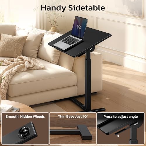 Mobile Standing Desk Adjustable Overbed Table, Pneumatic Height Adjustable Rolling Laptop Desk with Hidden Wheels, 0-180°Tilt Top Rolling Computer Cart Foldable for Home Office, Craft & Study, Black - Image 5
