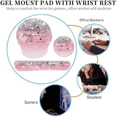 Keyboard Wrist Rest and Mouse Pad Wrist Support Set with Coasters,Ergonomic Gaming Mousepad for Home Office Working Studying Easy Typing & Pain Relief,Live Love Laugh Quote Pink Sparkle Glitter - Image 7