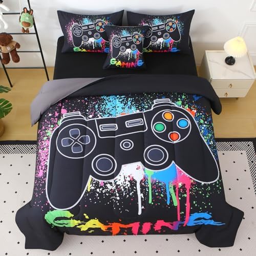 JQinHome Full Gamer Comforter Sets for Boys,6 Piece Bed in A Bag 3D Video Gamer Bedding -All Season Microfiber Gaming Bedding Set for Kids, with Sheet Sets (Black Gaming) - Image 2