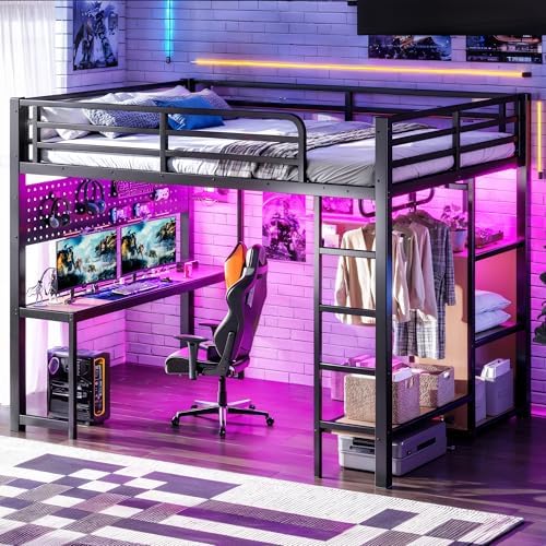 Bellemave Metal Queen Size Loft Bed with Desk and LED Lights,Heavy Duty Loft Bed Frame with Storage Shelves and Charging Station for Kids,Teens,Adults, Space Saving,Black - Image 6