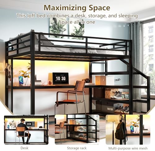 Bellemave Queen Loft Bed with Desk & Storage Stairs, Metal Queen Size Loft Bed Frame with Iron Nets, LED Lights & USB Ports, Heavy Duty Adult LoftBed for Bedroom, Noise-Free, Black - Image 3