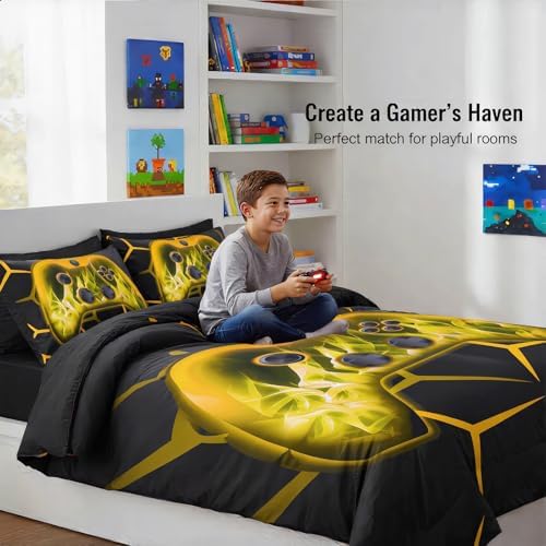 ZRNBAST Boys Gamer Comforter Set, Full Bed in a Bag Gold Gaming Bedding - Image 3