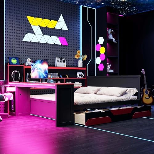 Merax Queen Size Gaming Daybed with Integrated Desk and Lights, Wooden Platform Bed Frame with 3 Storage Drawers and Built-in Charging Station, Multi-Functional Headboard Shelves, No Box Spring Needed - Image 3