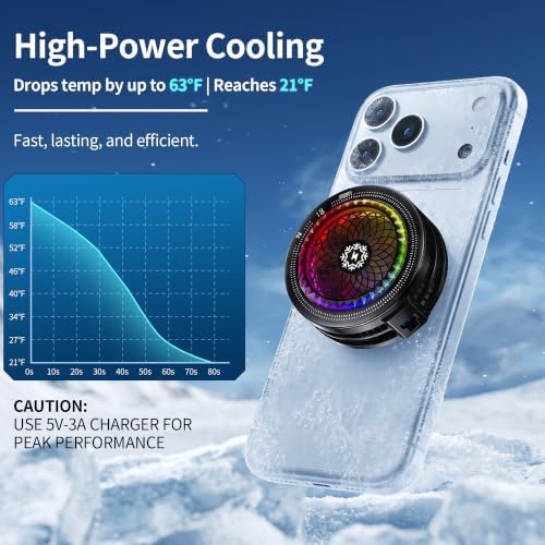 Foluu Magnetic Phone Cooler, 15W Gaming Cell Phone Cooling Fan, RGB Light, Smart Temperature Control, 100-Speed Adjustable Radiator with Magnetic Adsorption & Clip for iPhone Android Live Streaming - Image 2