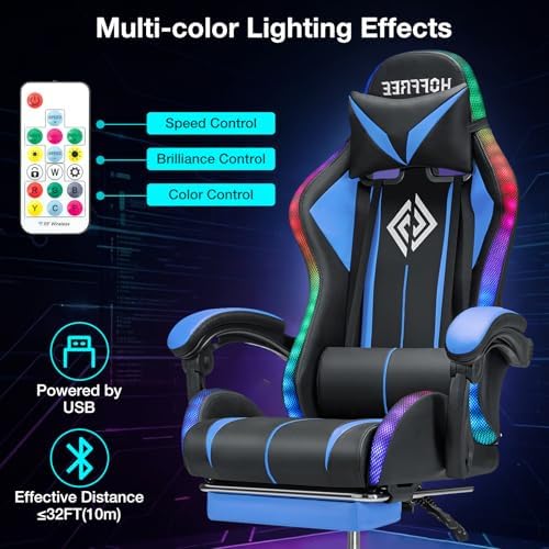 HOFFREE LED Gaming Chair with Massage RGB Lights Computer Game Chair-Blue | Ergonomic Reclining Gamer Chair with Footrest High Back Video Game Chair with Adjustable Lumbar Support Linkage Armrest - Image 5