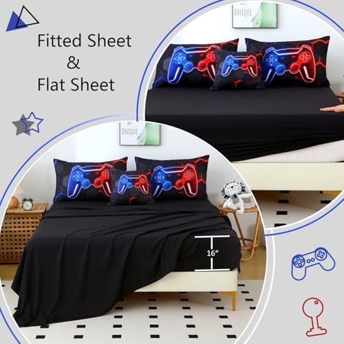 6 Pieces Full Size Kids Comforer Set for Boys Blue and Red Gaming Bedding Set 3D Honeycomb Gamer Bed in a Bag Game Console Printed Teen Boy Bed Comforter Sheet Set (Blue Red, Full) - Image 6