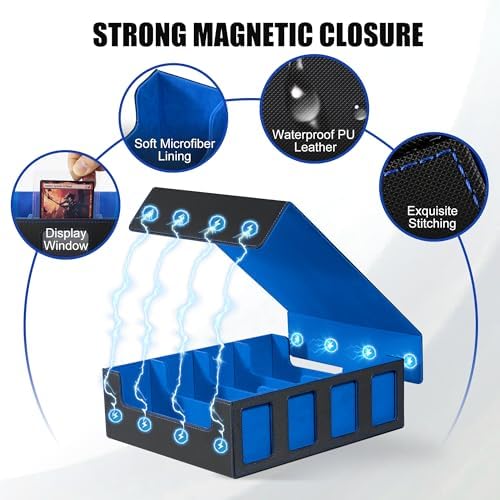 Trading Card Storage Box with Commander Display , 4-Row Deck Case with Removable Lid; 2400+ Card Deck Box for MTG TCG Sports Card, 4 Top Loaders, 4 Stoppers, 24 Dividers,1 Dice Bag (Black Blue) - Image 4