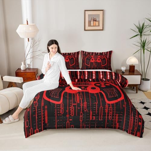 Feelyou Kids Boys Red Gamer Bedding Set Full Size, Light 3D Gaming Comforter Gamer Comforter Set for Gamepad Duvet Set Modern Game with 2 Pillow Case Room Decor Quilt Set Bedding Collection - Image 5