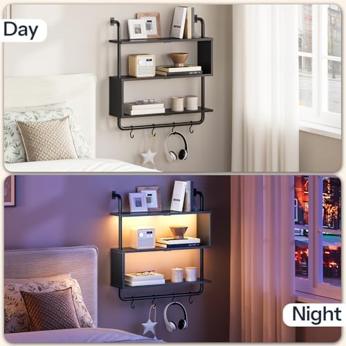 HOOBRO Floating Shelves with LED Lights, 29.5" LED Wall Mounted Gaming Shelf, 3-Tier Pipe Display Rack with Hanging Rod and 4 S-Hooks, for Storage Livingroom, Bedroom, Kitchen, Black BB21DBJ01 - Image 5