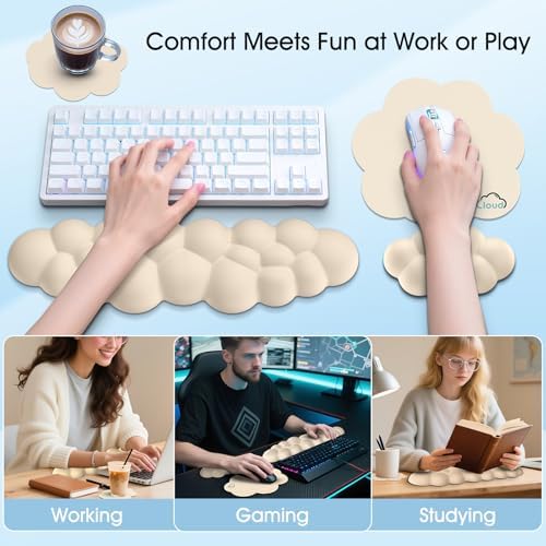 Cloud Wrist Rest Keyboard Cushion and Cloud Mouse Pad, Beige | 4-in-1 Ergonomic Cloud Keyboard Wrist Rest Set, Memory Foam, Arm Support for Palm, Cute Desk Accessory for PC Gaming Setup - Image 6