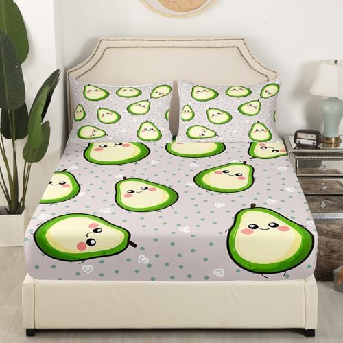 Erosebridal Avocado Sheet Set for Kids Boys Girls Green Kawaii Yellow Avocado Bed Sheet Set Queen Size Cartoon Avocado Decor, 1 Fitted Sheet, 1Fruits Food Flat Sheet, 2 Cute Pillowcases - Image 4