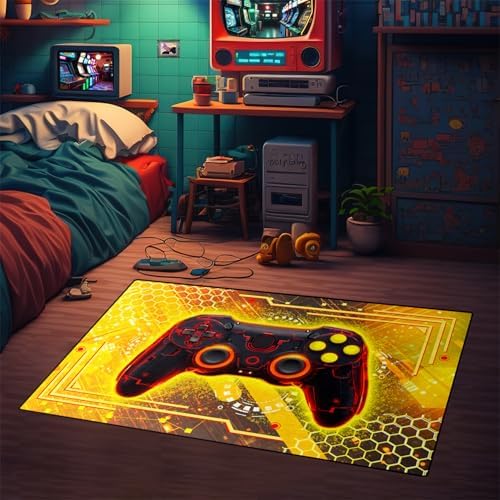 Gaming Rug for Boys Room, 4'6" x 6' Cool Gamer Rug for Teens Boys Bedroom Playroom, Game Controller Carpet Gaming Carpet for Office Computer Chair Floor Mats Decor, Yellow - Image 4