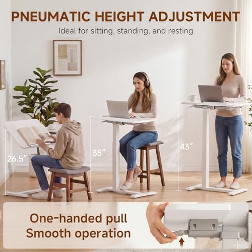 GTPLAYER Pneumatic Adjustable Standing Desk, 28 Inch Tiltable Mobile Rolling Laptop Table with Wheels, Overbed Bedside Table Computer Workstation for Home Office, White - Image 3