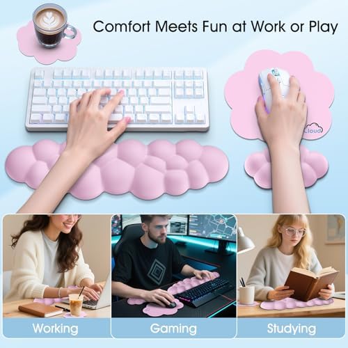 Cloud Wrist Rest Keyboard Cushion and Cloud Mouse Pad, Pink | 4-in-1 Ergonomic Cloud Keyboard Wrist Rest Set, Memory Foam, Arm Support for Palm, Cute Desk Accessory for PC Gaming Setup - Image 6