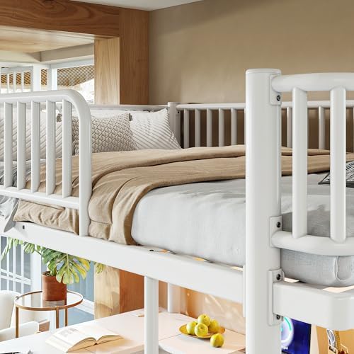 Bellemave Queen Metal Loft Bed with L-Shaped Desk,LED Lights and Charging Station,Heavy Duty Loft Bed Frame with Hanging Rod & CPU Tray for Kids Teens Adults,Space-Saving,White - Image 6