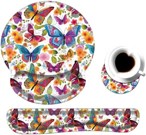 Keyboard Wrist Rest and Mouse Pad Wrist Support Set with Coaster,Ergonomic Mouse Pad,Comfortable for Easy Typing, Pain Relief,Memory Foam Keyboard Pad Set for Laptop Mac,Colorful Butterfly and Flower by Unknown