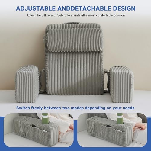 Reading Pillow for Bed, Back Pillow for Bed Sitting Up, Bed Pillows for Sitting Up with Adjustable Armrests, Cup Holder & Large Pocket, Backrest Cushion for Reading, Watching TV (Grey, 4PCS) - Image 7
