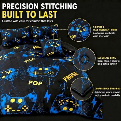 ZRNBAST 6-Piece Bed in A Bag Gamer Bedding Sets Full Size Blue Lightnings Gaming Comforter Set for Boys Teens Soft Lightweight Video Game Room Decor Home Quilt Set(Blue,Full) - Image 5