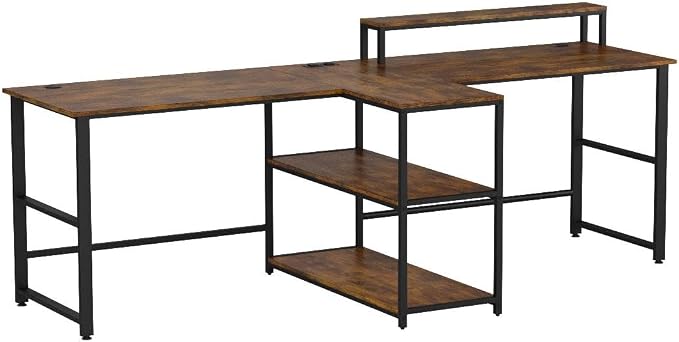 SEDETA 94.5" 2 Person Gaming Desk with Storage Shelf,LED Light,Rustic Brown - Image 4