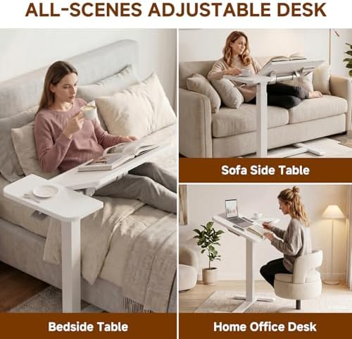 GTPLAYER Pneumatic Adjustable Standing Desk, 28 Inch Tiltable Mobile Rolling Laptop Table with Wheels, Overbed Bedside Table Computer Workstation for Home Office, White - Image 6