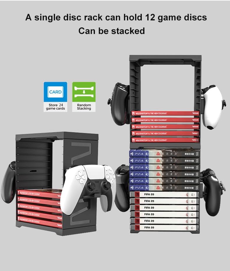 HONCAM Video Game Storage Tower for PS5 PS4 Xbox Nintendo Switch Games, Universal Discs Organizers 24 PCS with 4 Controllers Holder, Disk Box Stand Rack Accessories - Image 6