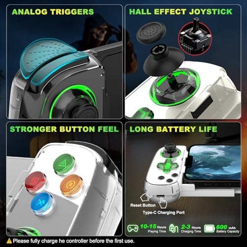 Phone Game Controller for iPhone 17/Android/PC/Switch, Play COD, Genshin,Support Streaming on PS5/Xbox/PC Console, Cloud Gaming Wireless Gamepad Joystick, Turbo/6-Axis Gyro/Dual Motor, Green Light, White - Image 6