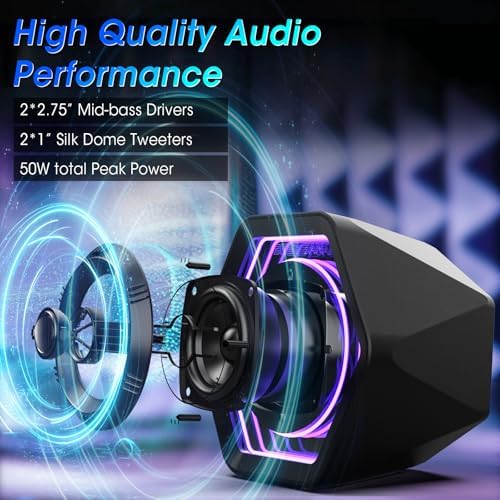 Computer Gaming Speakers, 50W Active Desktop Speakers with Infinity Mirror 3D Tunnel RGB (8 Modes), Bluetooth 5.3, AUX in, Headphone Out & Type-C Input, 3 EQ Modes, AC Powered for PC/Laptop/TV - Image 3