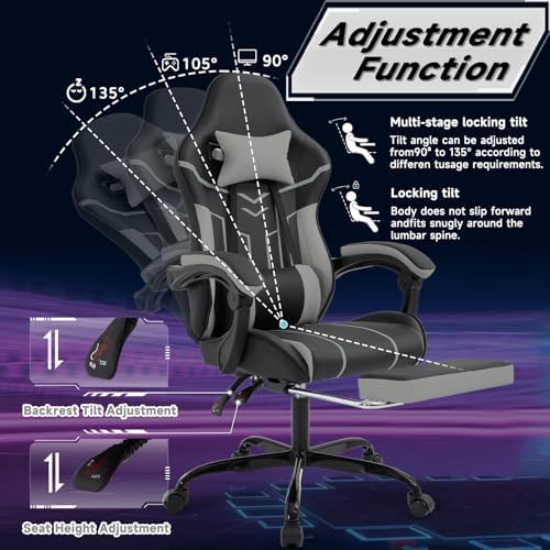 Gaming Desk Chair for Adults, Ergonomic Gaming Chair (Black+Gray) | with Footrest & Headrest and Lumbar Support, Leather Material Height Adjustable computer Video Game Chairs - Image 6