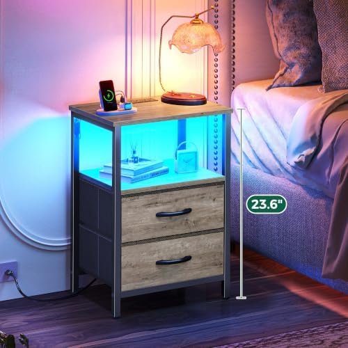 Huuger Night Stand with Charger Station and LED Lights, 2 Drawer Nightstand - Image 4