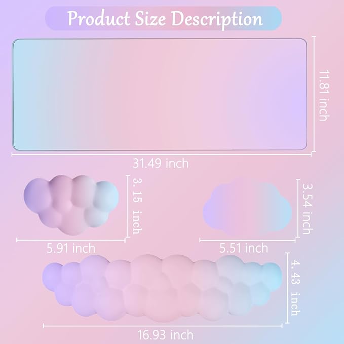 Cloud Mouse Pad Keyboard Wrist Rest 4PCS Extended Large Pink Sky Desk Mat Pad Set Memory Foam Non-Slip Cute Ergonomic Gaming Mouse Pad Wrist Support for Computer Laptop Home Office Pink Purple - Image 6